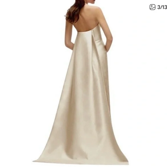 NWT Alfred Sung Strapless Satin Column Gown Removable Train Champagne Size 8 - Picture 4 of 4